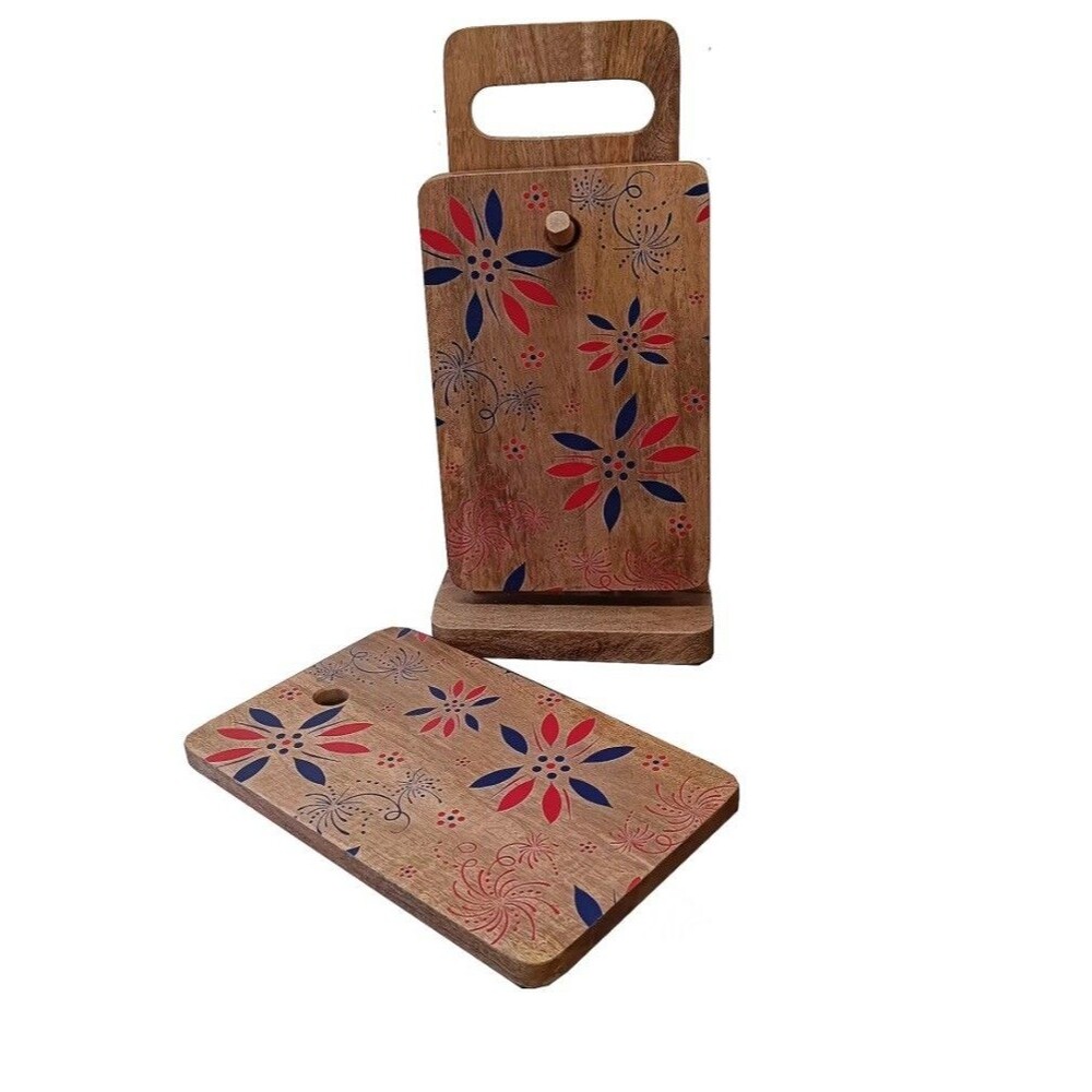 Temp-tations Seasonal (2) Wood Cutting Boards with Storage Stand